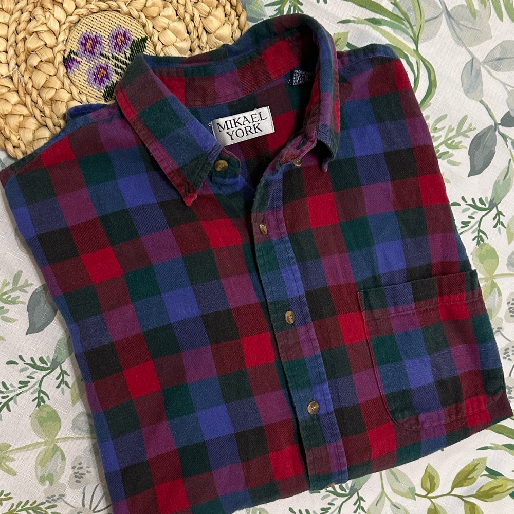 Vintage 90s Mikael York Men’s Plaid Button Down Flannel Shirt Size XL